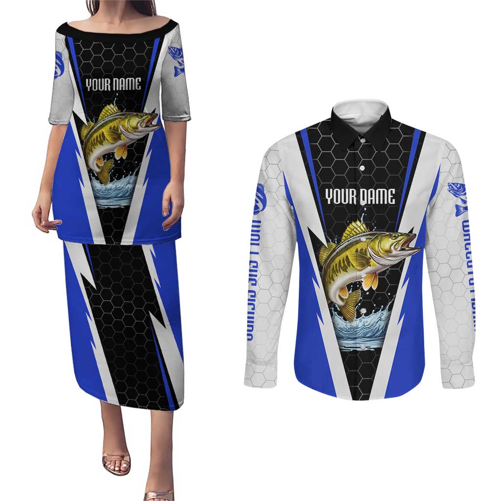 Custom Walleye Fishing Couples Matching Puletasi and Long Sleeve Button Shirt with Jumping Fish Splash and Blue Black Hexagon Pattern - Wonder Print Shop