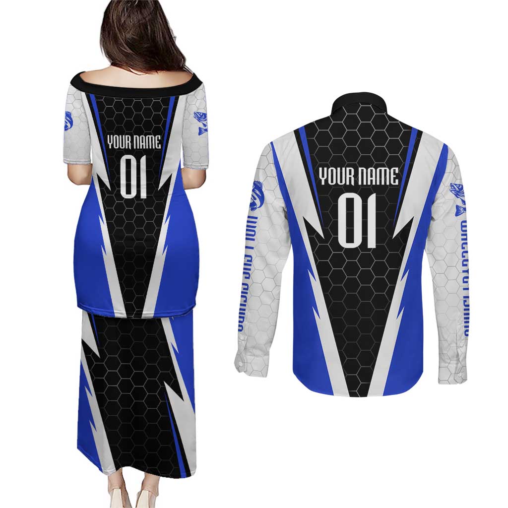 Custom Walleye Fishing Couples Matching Puletasi and Long Sleeve Button Shirt with Jumping Fish Splash and Blue Black Hexagon Pattern - Wonder Print Shop