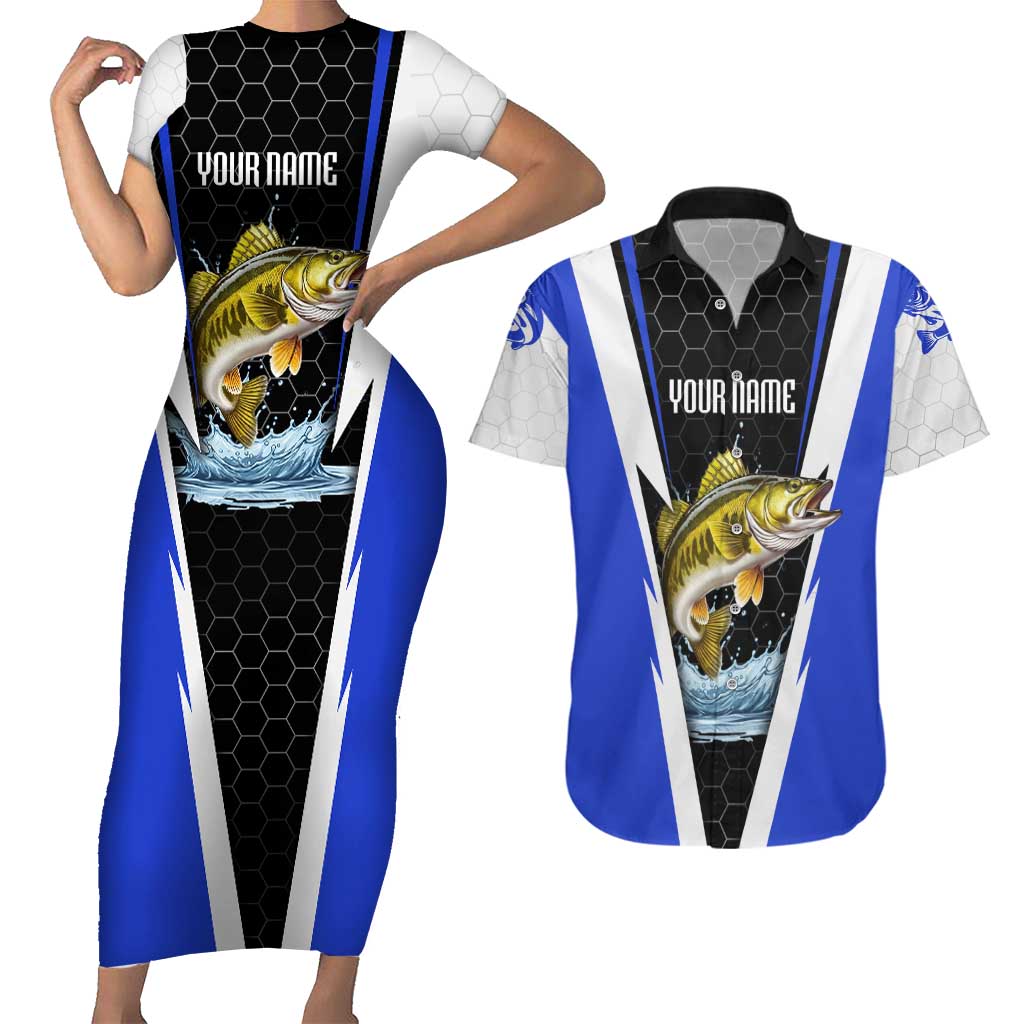 Custom Walleye Fishing Couples Matching Short Sleeve Bodycon Dress and Hawaiian Shirt with Jumping Fish Splash and Blue Black Hexagon Pattern - Wonder Print Shop