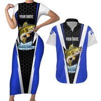 Custom Walleye Fishing Couples Matching Short Sleeve Bodycon Dress and Hawaiian Shirt with Jumping Fish Splash and Blue Black Hexagon Pattern - Wonder Print Shop