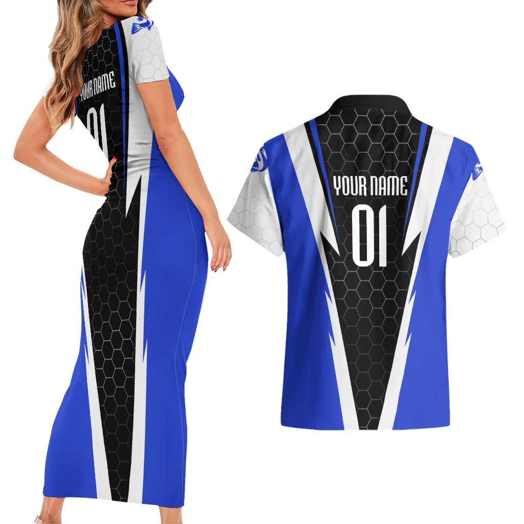 Custom Walleye Fishing Couples Matching Short Sleeve Bodycon Dress and Hawaiian Shirt with Jumping Fish Splash and Blue Black Hexagon Pattern - Wonder Print Shop