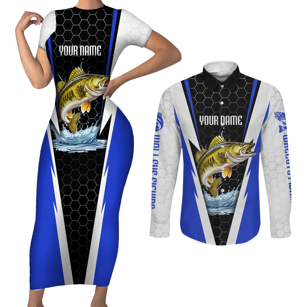 Custom Walleye Fishing Couples Matching Short Sleeve Bodycon Dress and Long Sleeve Button Shirt with Jumping Fish Splash and Blue Black Hexagon Pattern - Wonder Print Shop