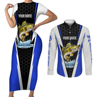 Custom Walleye Fishing Couples Matching Short Sleeve Bodycon Dress and Long Sleeve Button Shirt with Jumping Fish Splash and Blue Black Hexagon Pattern - Wonder Print Shop
