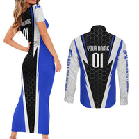 Custom Walleye Fishing Couples Matching Short Sleeve Bodycon Dress and Long Sleeve Button Shirt with Jumping Fish Splash and Blue Black Hexagon Pattern - Wonder Print Shop
