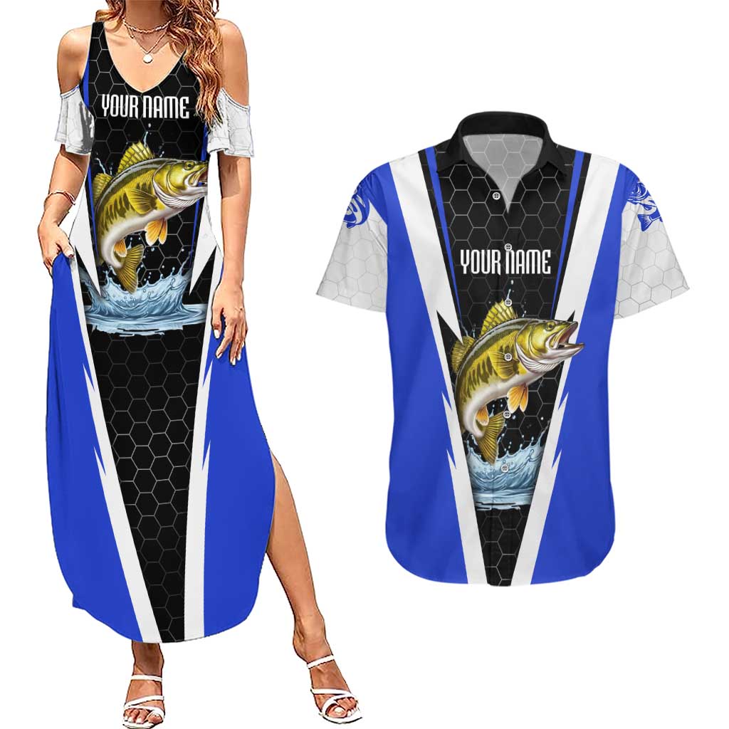 Custom Walleye Fishing Couples Matching Summer Maxi Dress and Hawaiian Shirt with Jumping Fish Splash and Blue Black Hexagon Pattern - Wonder Print Shop