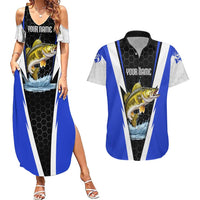 Custom Walleye Fishing Couples Matching Summer Maxi Dress and Hawaiian Shirt with Jumping Fish Splash and Blue Black Hexagon Pattern - Wonder Print Shop