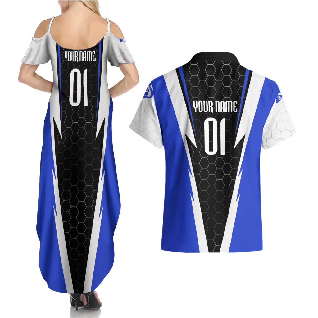 Custom Walleye Fishing Couples Matching Summer Maxi Dress and Hawaiian Shirt with Jumping Fish Splash and Blue Black Hexagon Pattern - Wonder Print Shop