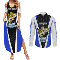 Custom Walleye Fishing Couples Matching Summer Maxi Dress and Long Sleeve Button Shirt with Jumping Fish Splash and Blue Black Hexagon Pattern - Wonder Print Shop