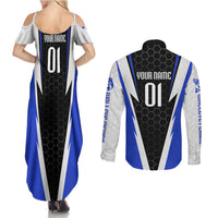 Custom Walleye Fishing Couples Matching Summer Maxi Dress and Long Sleeve Button Shirt with Jumping Fish Splash and Blue Black Hexagon Pattern - Wonder Print Shop