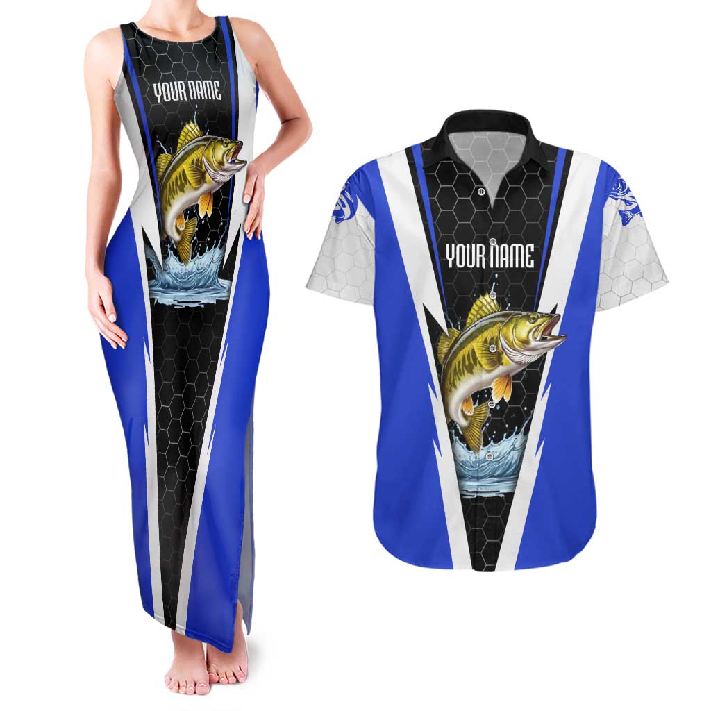 Custom Walleye Fishing Couples Matching Tank Maxi Dress and Hawaiian Shirt with Jumping Fish Splash and Blue Black Hexagon Pattern - Wonder Print Shop