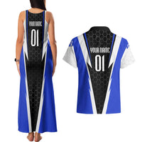 Custom Walleye Fishing Couples Matching Tank Maxi Dress and Hawaiian Shirt with Jumping Fish Splash and Blue Black Hexagon Pattern - Wonder Print Shop