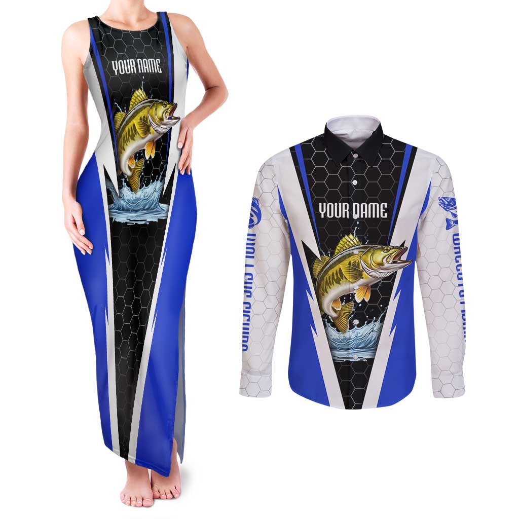 Custom Walleye Fishing Couples Matching Tank Maxi Dress and Long Sleeve Button Shirt with Jumping Fish Splash and Blue Black Hexagon Pattern - Wonder Print Shop