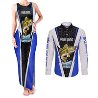 Custom Walleye Fishing Couples Matching Tank Maxi Dress and Long Sleeve Button Shirt with Jumping Fish Splash and Blue Black Hexagon Pattern - Wonder Print Shop