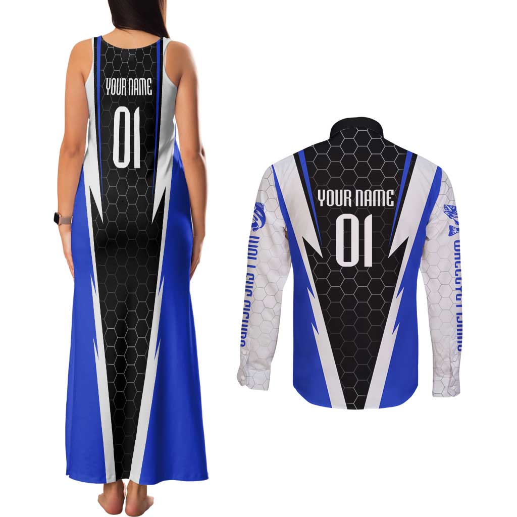 Custom Walleye Fishing Couples Matching Tank Maxi Dress and Long Sleeve Button Shirt with Jumping Fish Splash and Blue Black Hexagon Pattern - Wonder Print Shop