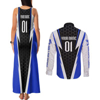 Custom Walleye Fishing Couples Matching Tank Maxi Dress and Long Sleeve Button Shirt with Jumping Fish Splash and Blue Black Hexagon Pattern - Wonder Print Shop