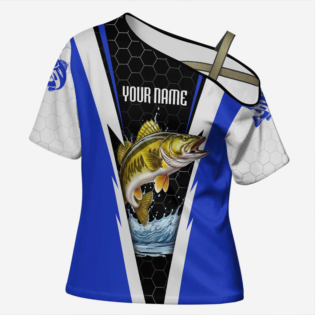 Custom Walleye Fishing Cross Shoulder Shirt with Jumping Fish Splash and Blue Black Hexagon Pattern - Wonder Print Shop