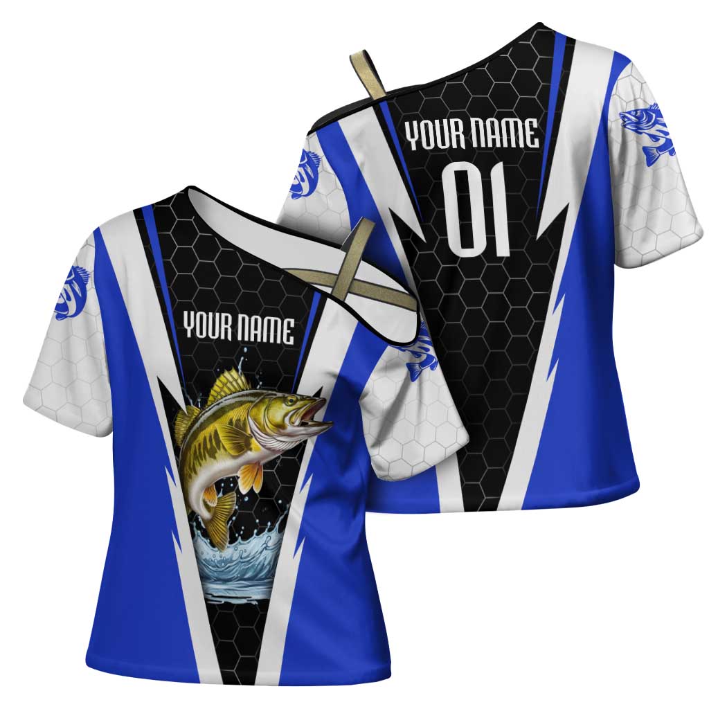 Custom Walleye Fishing Cross Shoulder Shirt with Jumping Fish Splash and Blue Black Hexagon Pattern - Wonder Print Shop