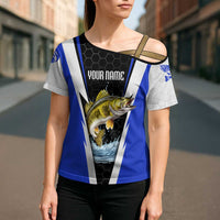 Custom Walleye Fishing Cross Shoulder Shirt with Jumping Fish Splash and Blue Black Hexagon Pattern - Wonder Print Shop