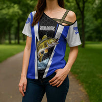 Custom Walleye Fishing Cross Shoulder Shirt with Jumping Fish Splash and Blue Black Hexagon Pattern - Wonder Print Shop