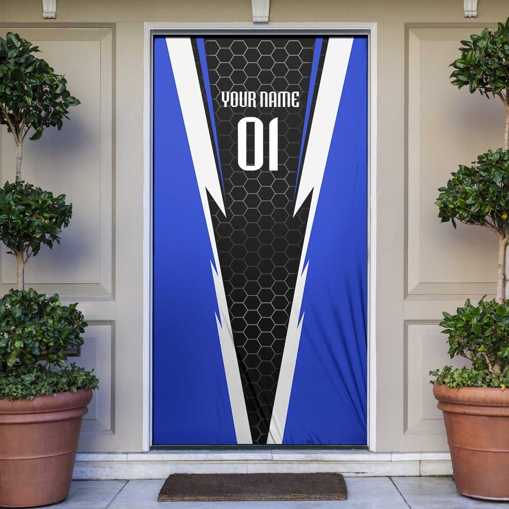 Custom Walleye Fishing Door Cover with Jumping Fish Splash and Blue Black Hexagon Pattern - Wonder Print Shop