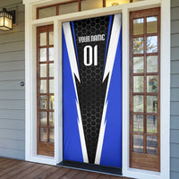 Custom Walleye Fishing Door Cover with Jumping Fish Splash and Blue Black Hexagon Pattern - Wonder Print Shop