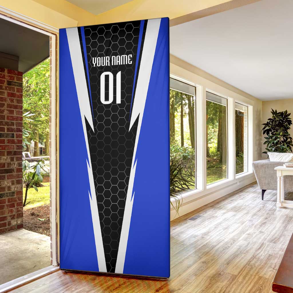 Custom Walleye Fishing Door Cover with Jumping Fish Splash and Blue Black Hexagon Pattern - Wonder Print Shop