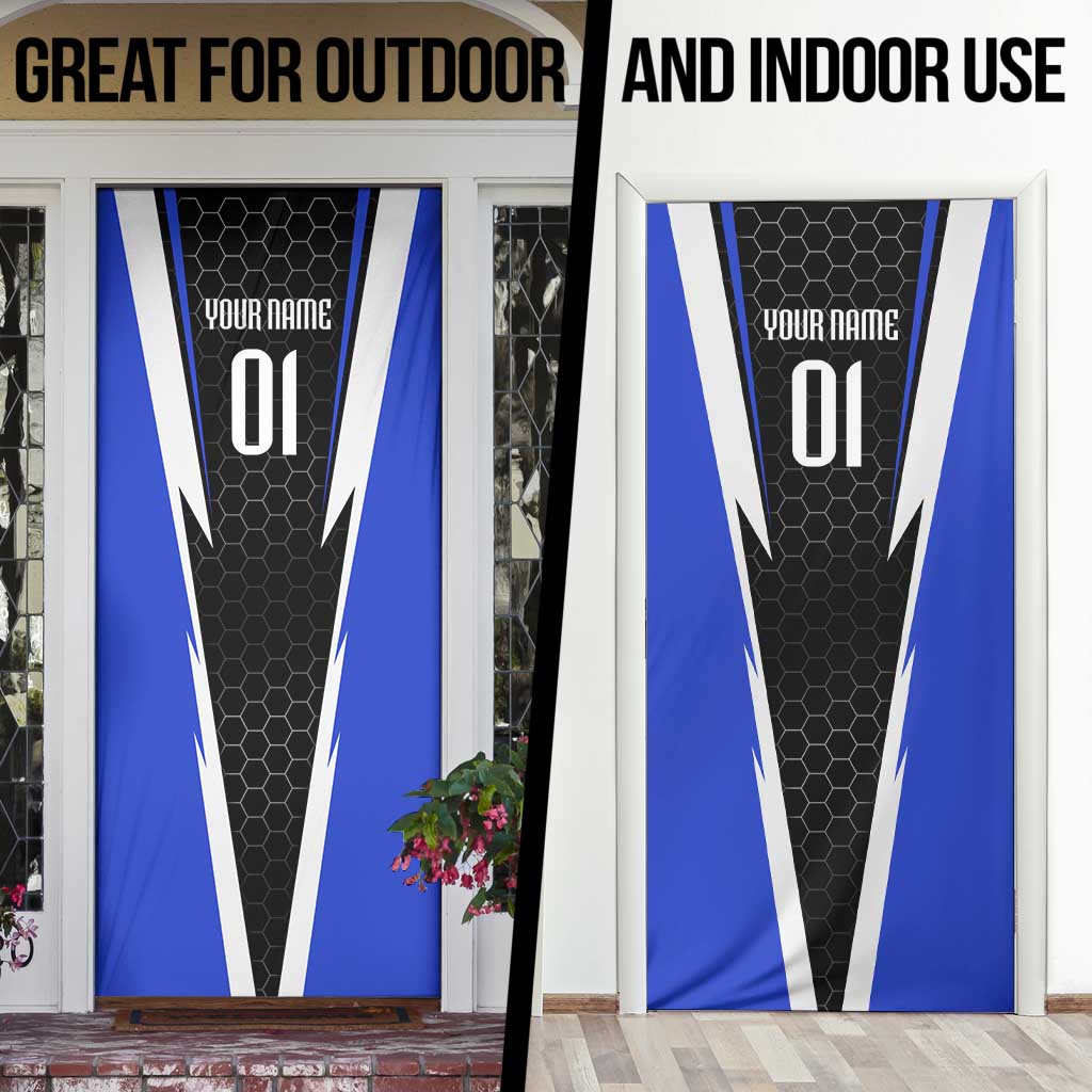 Custom Walleye Fishing Door Cover with Jumping Fish Splash and Blue Black Hexagon Pattern - Wonder Print Shop