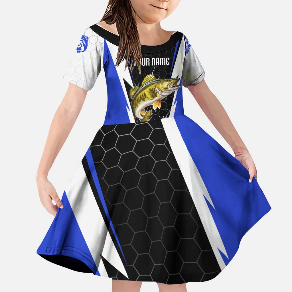 Custom Walleye Fishing Family Matching Long Sleeve Bodycon Dress and Hawaiian Shirt with Jumping Fish Splash and Blue Black Hexagon Pattern - Wonder Print Shop