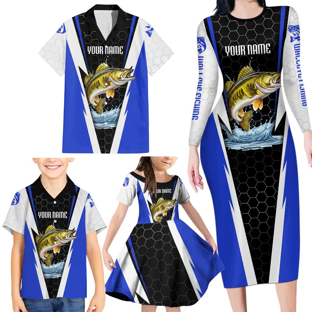 Custom Walleye Fishing Family Matching Long Sleeve Bodycon Dress and Hawaiian Shirt with Jumping Fish Splash and Blue Black Hexagon Pattern - Wonder Print Shop