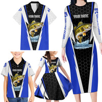 Custom Walleye Fishing Family Matching Long Sleeve Bodycon Dress and Hawaiian Shirt with Jumping Fish Splash and Blue Black Hexagon Pattern - Wonder Print Shop