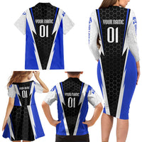 Custom Walleye Fishing Family Matching Long Sleeve Bodycon Dress and Hawaiian Shirt with Jumping Fish Splash and Blue Black Hexagon Pattern - Wonder Print Shop