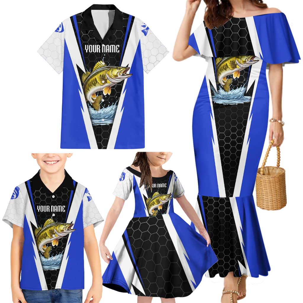 Custom Walleye Fishing Family Matching Mermaid Dress and Hawaiian Shirt with Jumping Fish Splash and Blue Black Hexagon Pattern - Wonder Print Shop