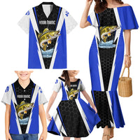 Custom Walleye Fishing Family Matching Mermaid Dress and Hawaiian Shirt with Jumping Fish Splash and Blue Black Hexagon Pattern - Wonder Print Shop