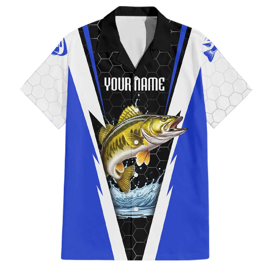 Custom Walleye Fishing Family Matching Mermaid Dress and Hawaiian Shirt with Jumping Fish Splash and Blue Black Hexagon Pattern - Wonder Print Shop