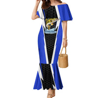 Custom Walleye Fishing Family Matching Mermaid Dress and Hawaiian Shirt with Jumping Fish Splash and Blue Black Hexagon Pattern - Wonder Print Shop