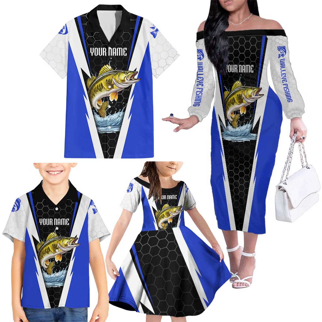 Custom Walleye Fishing Family Matching Off The Shoulder Long Sleeve Dress and Hawaiian Shirt with Jumping Fish Splash and Blue Black Hexagon Pattern - Wonder Print Shop