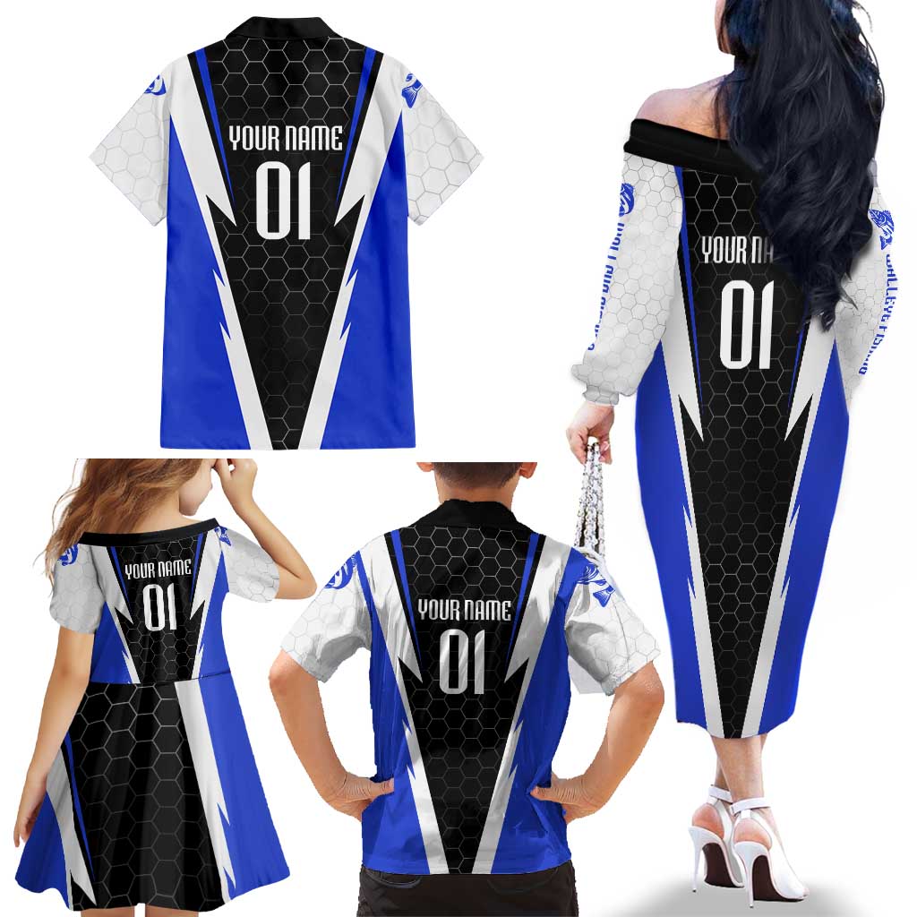 Custom Walleye Fishing Family Matching Off The Shoulder Long Sleeve Dress and Hawaiian Shirt with Jumping Fish Splash and Blue Black Hexagon Pattern - Wonder Print Shop