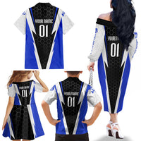 Custom Walleye Fishing Family Matching Off The Shoulder Long Sleeve Dress and Hawaiian Shirt with Jumping Fish Splash and Blue Black Hexagon Pattern - Wonder Print Shop