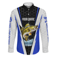Custom Walleye Fishing Family Matching Off The Shoulder Long Sleeve Dress and Hawaiian Shirt with Jumping Fish Splash and Blue Black Hexagon Pattern - Wonder Print Shop