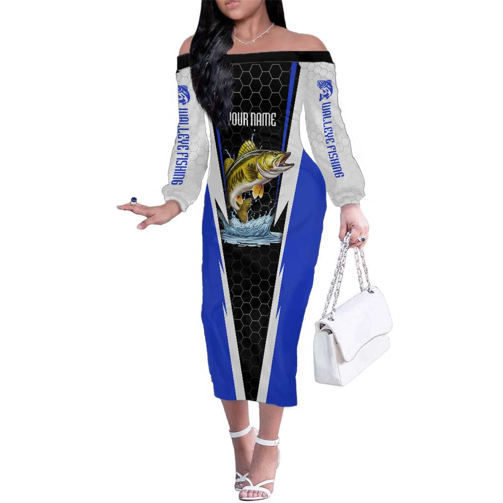 Custom Walleye Fishing Family Matching Off The Shoulder Long Sleeve Dress and Hawaiian Shirt with Jumping Fish Splash and Blue Black Hexagon Pattern - Wonder Print Shop
