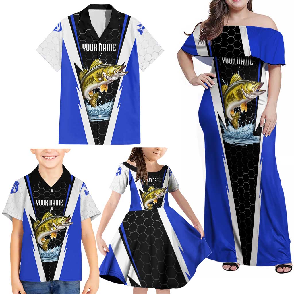 Custom Walleye Fishing Family Matching Off Shoulder Maxi Dress and Hawaiian Shirt with Jumping Fish Splash and Blue Black Hexagon Pattern - Wonder Print Shop