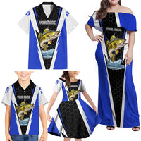 Custom Walleye Fishing Family Matching Off Shoulder Maxi Dress and Hawaiian Shirt with Jumping Fish Splash and Blue Black Hexagon Pattern - Wonder Print Shop