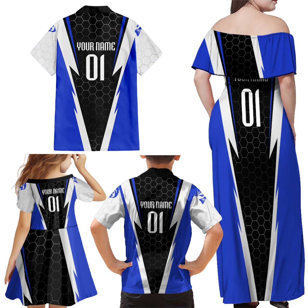 Custom Walleye Fishing Family Matching Off Shoulder Maxi Dress and Hawaiian Shirt with Jumping Fish Splash and Blue Black Hexagon Pattern - Wonder Print Shop