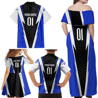 Custom Walleye Fishing Family Matching Off Shoulder Maxi Dress and Hawaiian Shirt with Jumping Fish Splash and Blue Black Hexagon Pattern - Wonder Print Shop