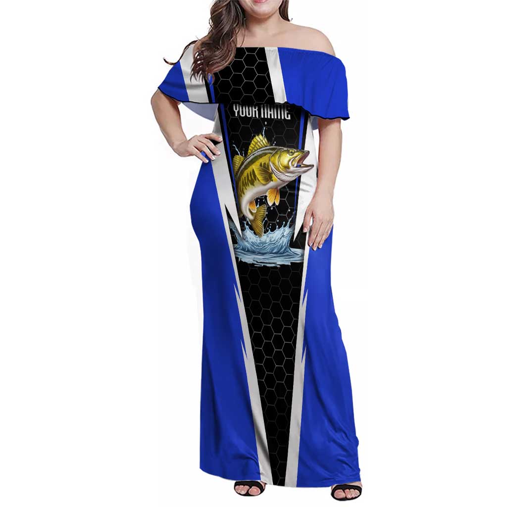 Custom Walleye Fishing Family Matching Off Shoulder Maxi Dress and Hawaiian Shirt with Jumping Fish Splash and Blue Black Hexagon Pattern - Wonder Print Shop