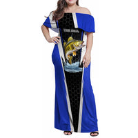 Custom Walleye Fishing Family Matching Off Shoulder Maxi Dress and Hawaiian Shirt with Jumping Fish Splash and Blue Black Hexagon Pattern - Wonder Print Shop