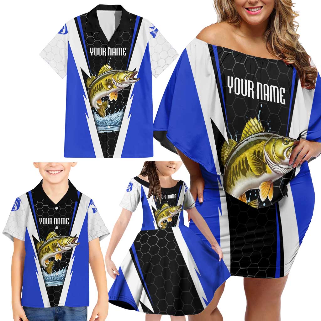 Custom Walleye Fishing Family Matching Off Shoulder Short Dress and Hawaiian Shirt with Jumping Fish Splash and Blue Black Hexagon Pattern - Wonder Print Shop