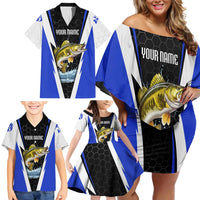 Custom Walleye Fishing Family Matching Off Shoulder Short Dress and Hawaiian Shirt with Jumping Fish Splash and Blue Black Hexagon Pattern - Wonder Print Shop