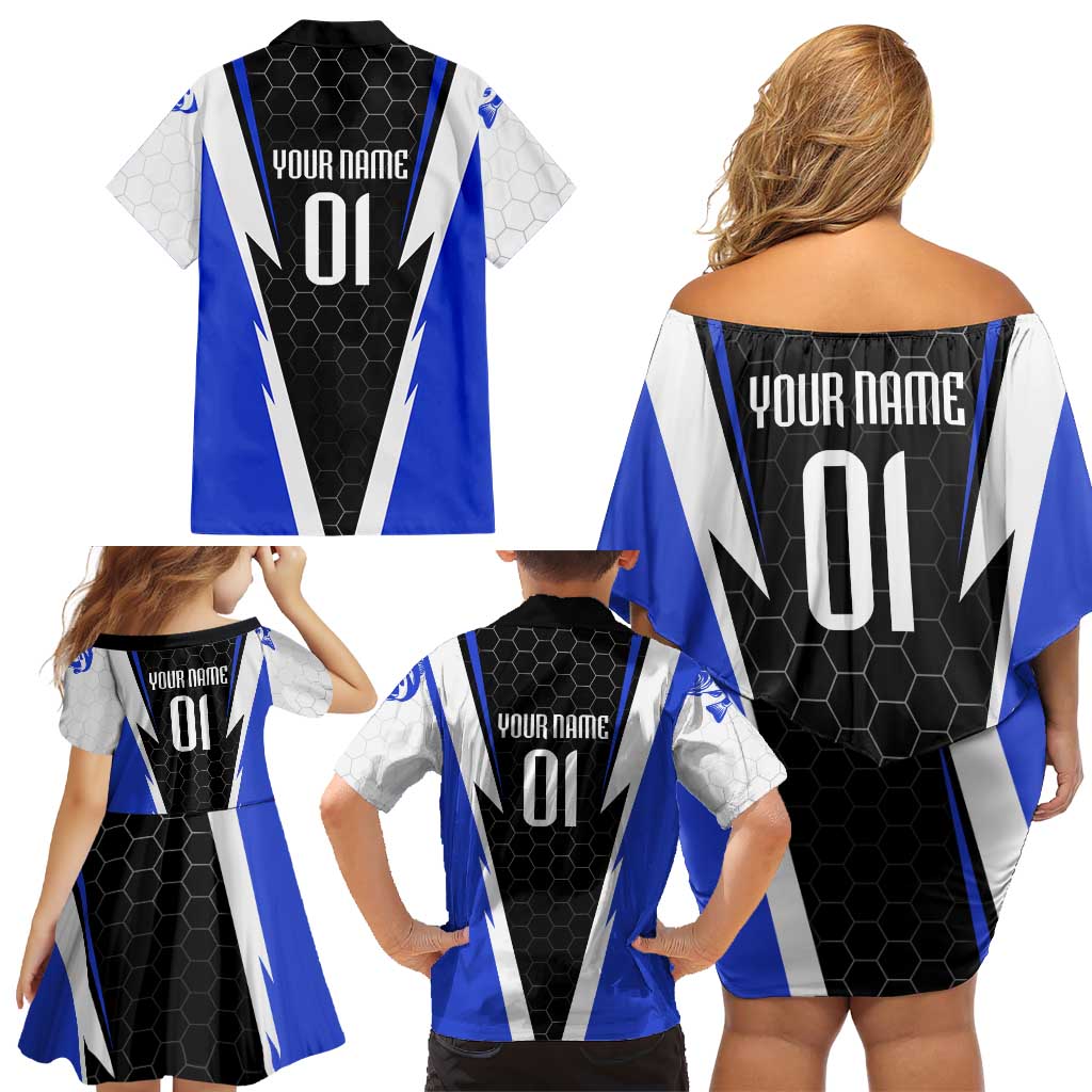 Custom Walleye Fishing Family Matching Off Shoulder Short Dress and Hawaiian Shirt with Jumping Fish Splash and Blue Black Hexagon Pattern - Wonder Print Shop