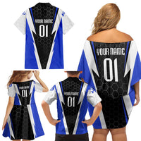 Custom Walleye Fishing Family Matching Off Shoulder Short Dress and Hawaiian Shirt with Jumping Fish Splash and Blue Black Hexagon Pattern - Wonder Print Shop